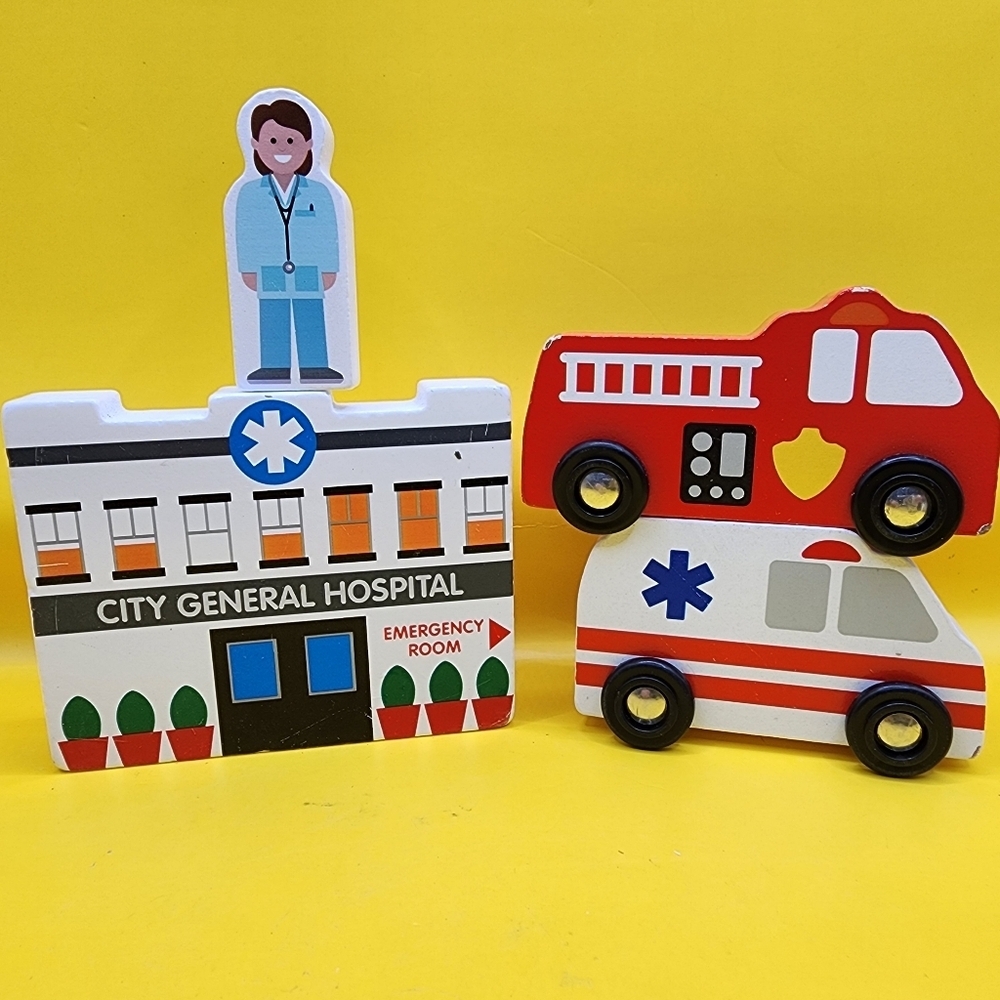Melissa & Doug Wooden Town Hospital Ambulance Firetruck Doctor
